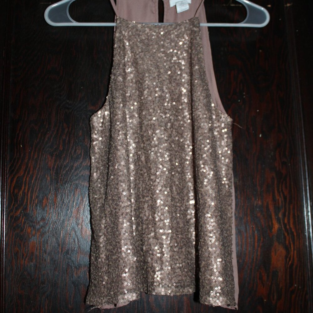 Clover & Scout Bronze Sequin Sparkle Tank Square Neckline Sheer Back Party XS